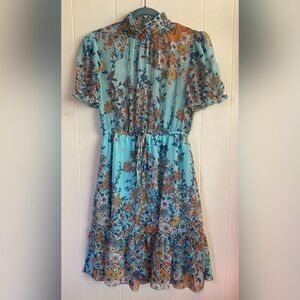 Stella & Julie Dress Women’s 4 Blue Floral Puff Sleeve High Neck Ruffle Coquette